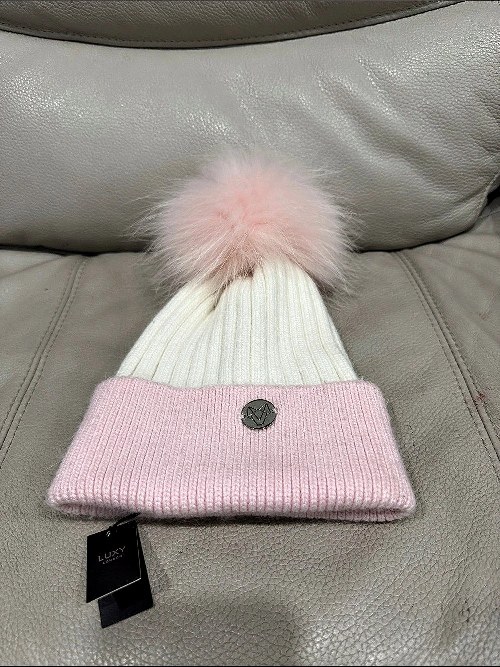 LUXY Pink & White Pom Beanie NWT